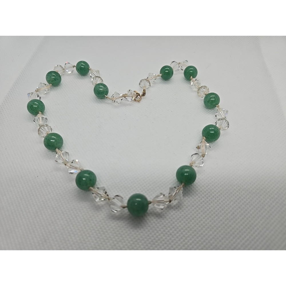 Jade Green Plastic Clear Crystal strand 16" Necklace
